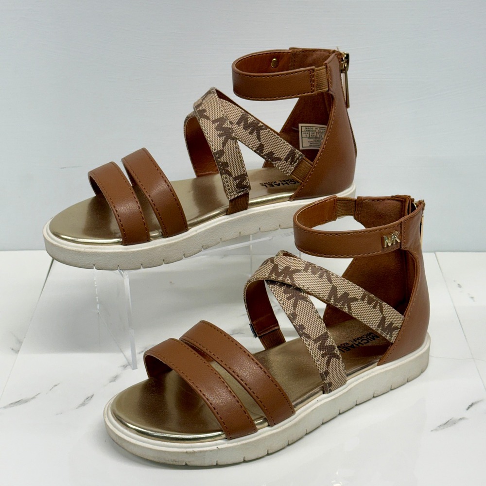 Michael Kors Britta Girls Tan Gold Monogram Gladiator Sandals Size 1 Youth